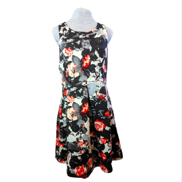Lord & Taylor szXL foam scuba floral black fit & flare midi retro dress VGUC - Picture 1 of 8